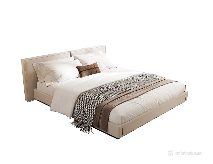 Modern Double Bed With Light Colored Frame White Sheets Pillows And Striped Blanket 3d model 