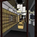 Modern Specialty Store Interior With Wooden Shelves Display Counters And Pendant Lights