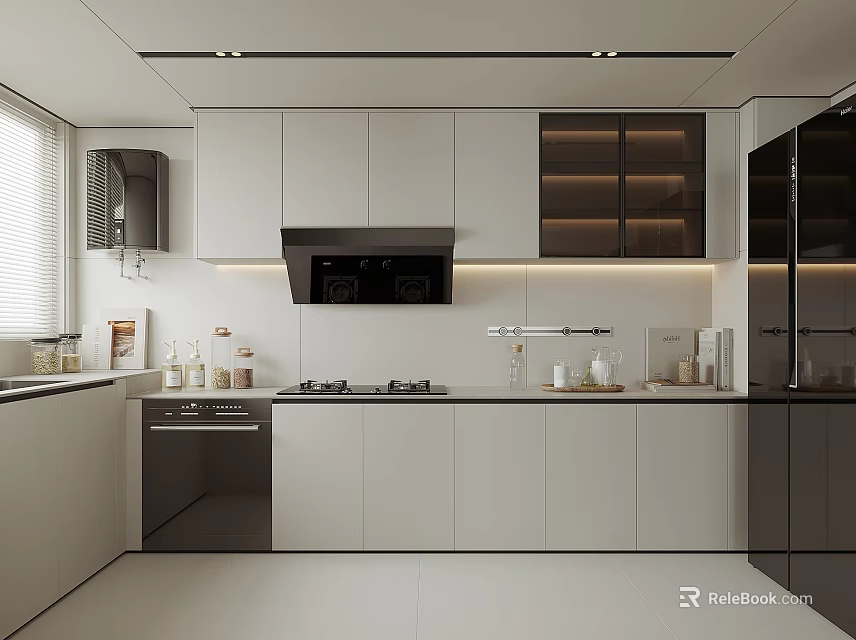 Modern Kitchen Interior Design With White Cabinets Black Appliances And Countertop 3d model 