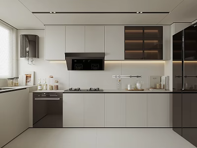 Modern Kitchen Interior Design With White Cabinets Black Appliances And Countertop 3d model