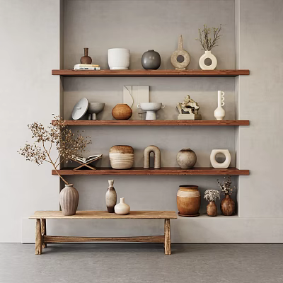 Ceramic Vessels in Various Shapes and Colors on Wooden Shelves with Dried Flowers and Bench 3d model