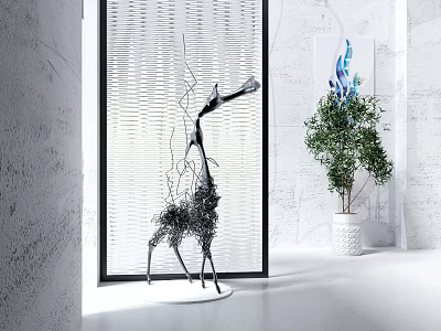 Modern Wire Deer Sculpture in Indoor Space with Blinds and Green Plant 3d model