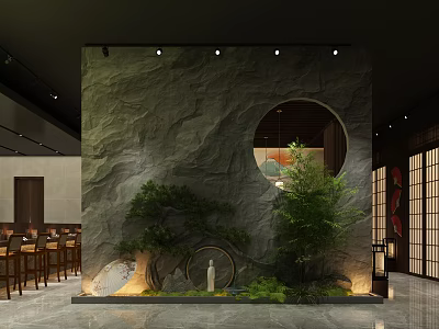 Japanese Style Restaurant Interior With Stone Wall Circular Window Green Plants And Wooden Furniture 3d model