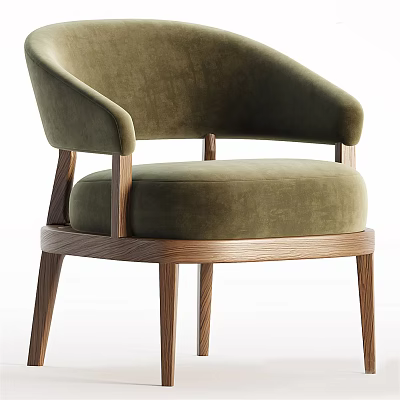 Modern Olive Green Velvet Single Sofa With Wooden Legs And Armrests 3d model