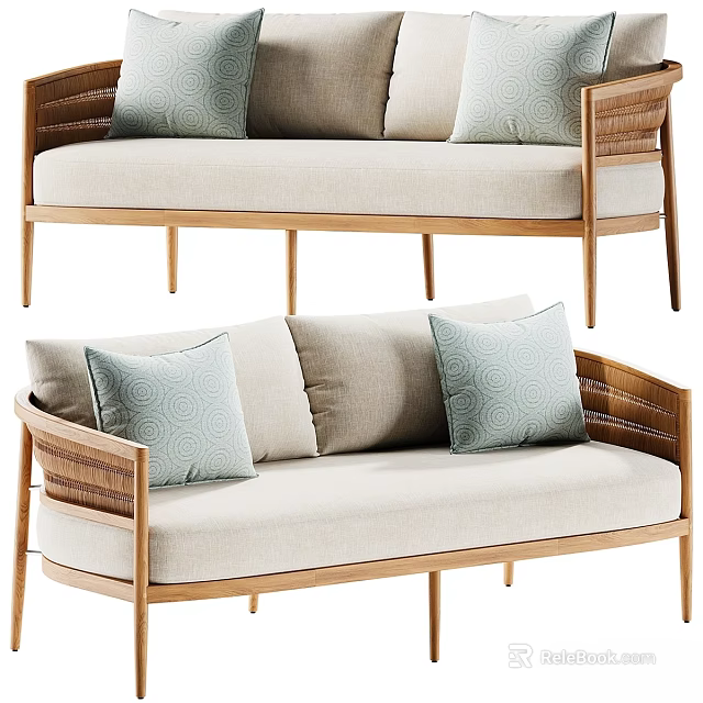 Modern Two Seater Sofa With Light Beige Cushions Wooden Armrests And Decorative Pillows 3d model 