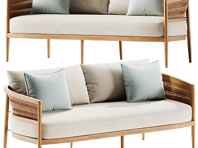 Modern Two Seater Sofa With Light Beige Cushions Wooden Armrests And Decorative Pillows 3d model