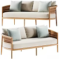 Modern Two Seater Sofa With Light Beige Cushions Wooden Armrests And Decorative Pillows