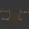 Decorative Stone Bridge with Wooden Steps Ornate Pillars and Pumpkin Green Plant Elements