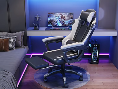 Black And White Gaming Chair With Footrest In Room With Blue Lighting And Laptop 3d model