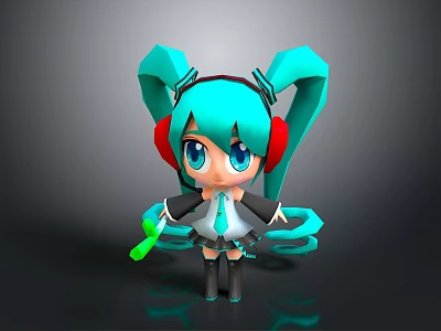 Cute Anime Character 3D Model With Teal Pigtails Red Headphones Blue Eyes And Green Microphone 3d model