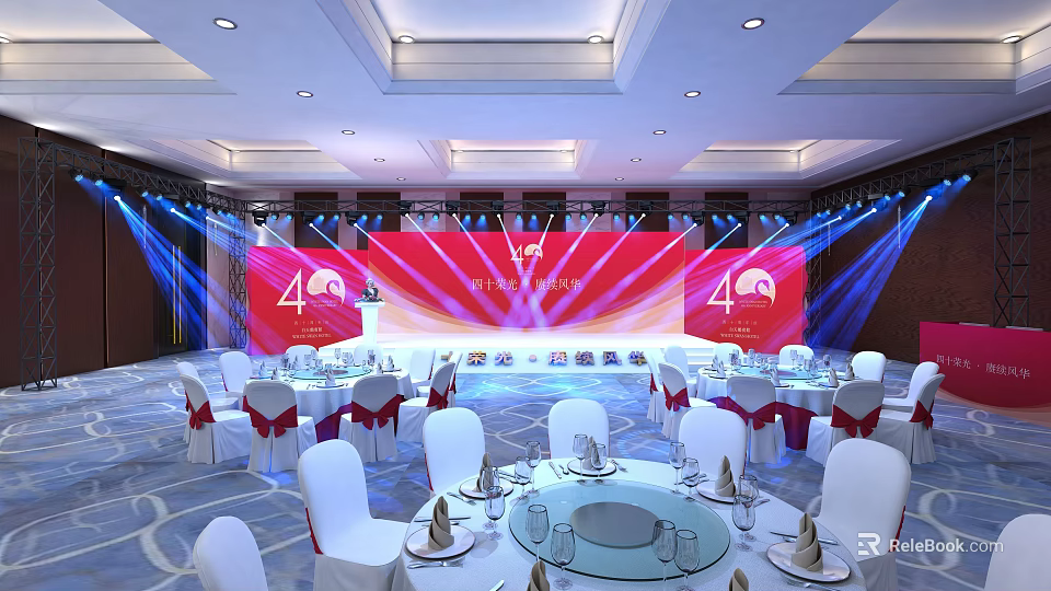 Elegant Banquet Hall Setup For 40th Anniversary With Red Backdrop And Lighting 3d model