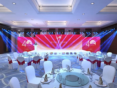 Elegant Banquet Hall Setup For 40th Anniversary With Red Backdrop And Lighting 3d model