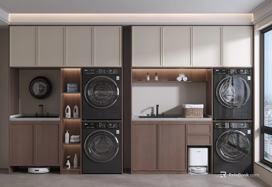 Modern Laundry Room With Washing Machines Dryers Cabinets And Sink Storage 3d model 