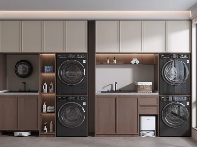 Modern Laundry Room With Washing Machines Dryers Cabinets And Sink Storage 3d model