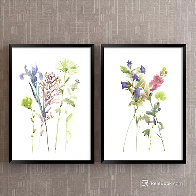 Watercolor Plant Paintings With Colorful Flowers And Grasses In Black Frames 3d model 