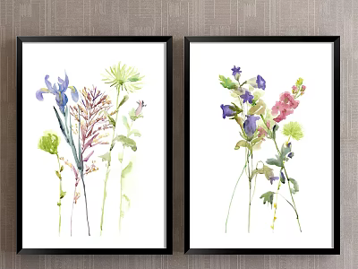 Watercolor Plant Paintings With Colorful Flowers And Grasses In Black Frames 3d model