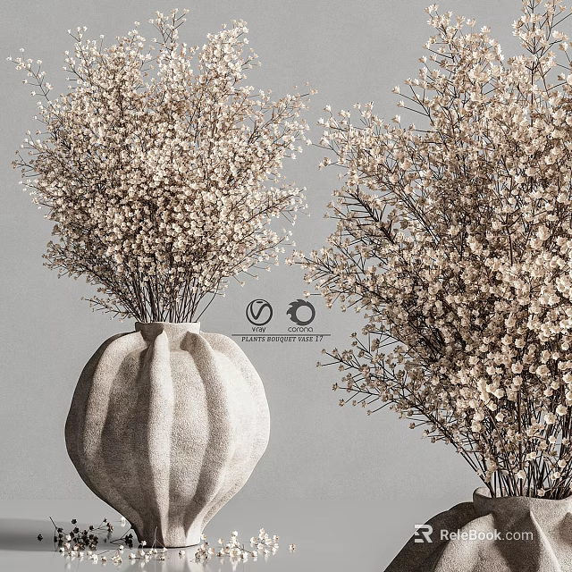 Decorative Ornament Arrangement With Pumpkin Shaped Fabric Vases And Light Colored Dried Flowers 3d model 
