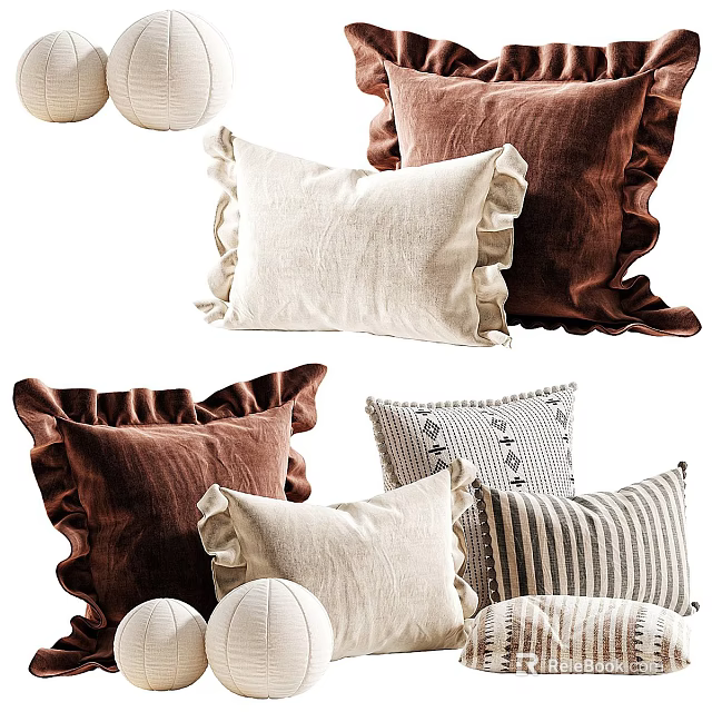Stylish Decorative Pillows With Brown Velvet Beige Linen Ruffled Edges And Striped Patterns 3d model 