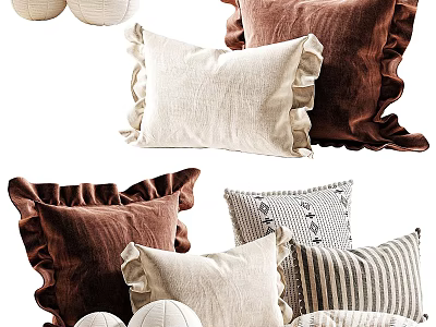 Stylish Decorative Pillows With Brown Velvet Beige Linen Ruffled Edges And Striped Patterns 3d model