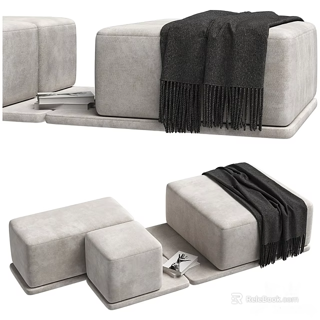 Light Gray Ottomans With Black Throw Blanket And Magazines 3d model 