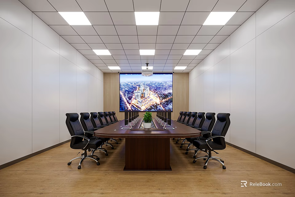 Modern Conference Room With Long Wooden Table Black Leather Chairs White Walls And Large Cityscape Screen 3d model 