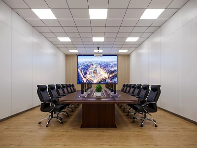 Modern Conference Room With Long Wooden Table Black Leather Chairs White Walls And Large Cityscape Screen 3d model