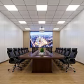 Modern Conference Room With Long Wooden Table Black Leather Chairs White Walls And Large Cityscape Screen