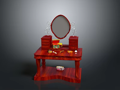 Classic Red Wooden Dressing Table With Oval Mirror Drawers And Decorative Items 3d model