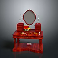 Classic Red Wooden Dressing Table With Oval Mirror Drawers And Decorative Items
