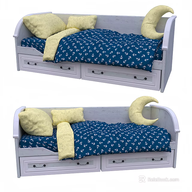 Single Bed With White Frame Blue Anchor Pattern Bedspread Yellow Pillows Crescent Moon Decor And Drawers 3d model 