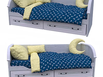 Single Bed With White Frame Blue Anchor Pattern Bedspread Yellow Pillows Crescent Moon Decor And Drawers 3d model