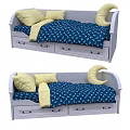 Single Bed With White Frame Blue Anchor Pattern Bedspread Yellow Pillows Crescent Moon Decor And Drawers
