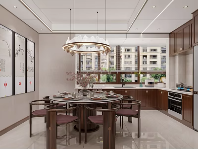 Modern Restaurant Interior Design With Round Dining Table Chairs Chandelier And Kitchen Cabinets 3d model