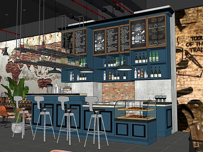 Café Interior With Blue Bar Counter High Stools Exposed Brick Wall Blackboard Menus Wine 3d model
