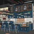 Café Interior With Blue Bar Counter High Stools Exposed Brick Wall Blackboard Menus Wine