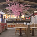 Modern Hot Pot Restaurant Interior With Cherry Blossoms And Seating 3d model