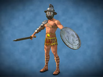 Ancient Warrior Wearing Helmet Armor and Kilt Holding Shield Sword on Blue Background 3d model
