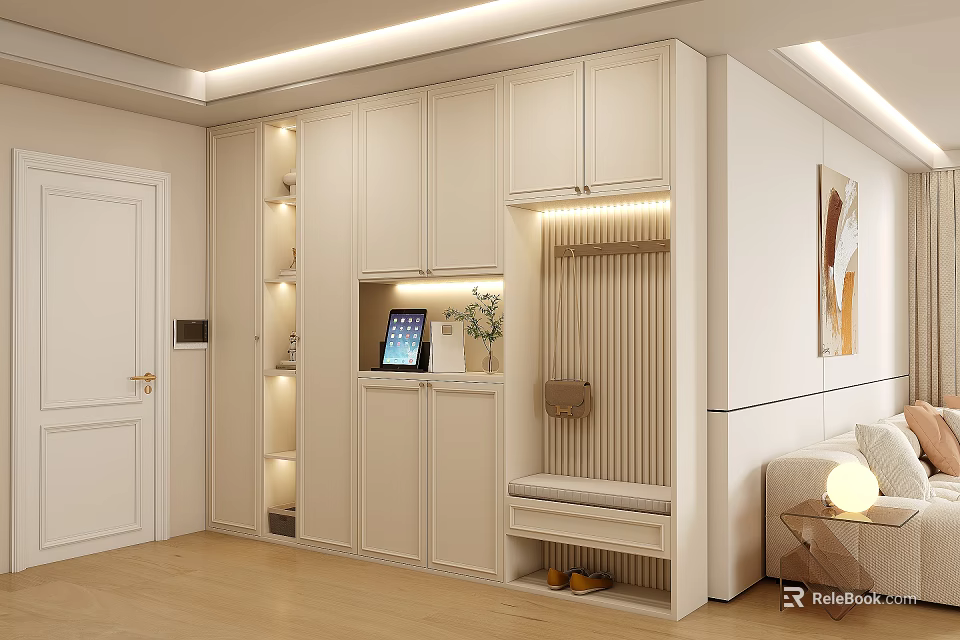 Modern Light Colored Shoe Cabinet With LED Lighting Storage Bench And Decorative Elements In Entryway 3d model 