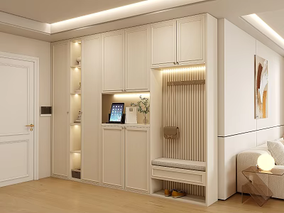 Modern Light Colored Shoe Cabinet With LED Lighting Storage Bench And Decorative Elements In Entryway 3d model
