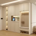 Modern Light Colored Shoe Cabinet With LED Lighting Storage Bench And Decorative Elements In Entryway