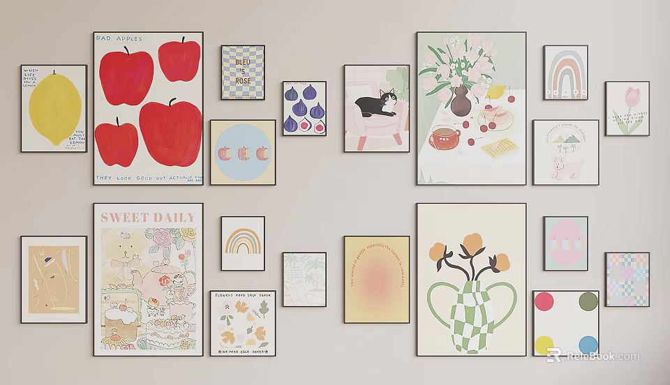 Cute Animal Paintings in Multiple Small Frames for Sweet Daily Wall Decor 3d model