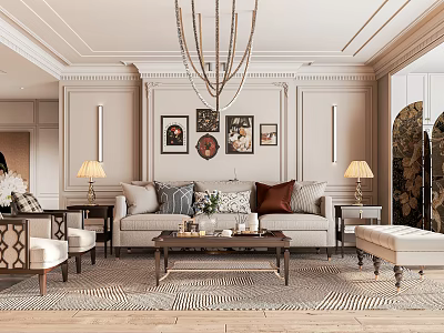 Elegant Living Room Interior With Chandelier Framed Art Sofa Pillows Coffee Table And Lamps 3d model