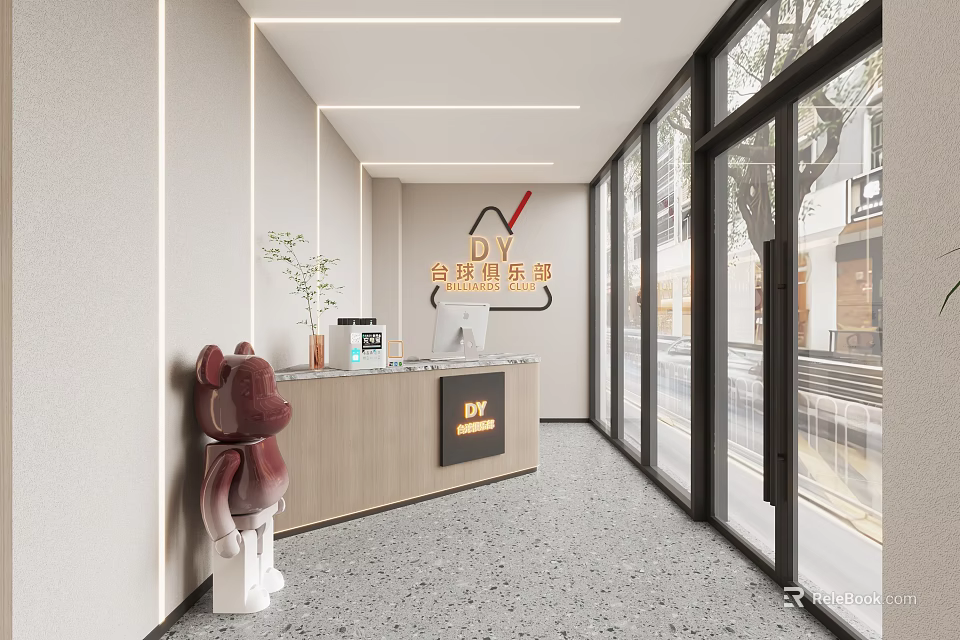 Modern Front Desk Reception Interior With Stylish Desk Decorative Plant And Glass Windows 3d model 