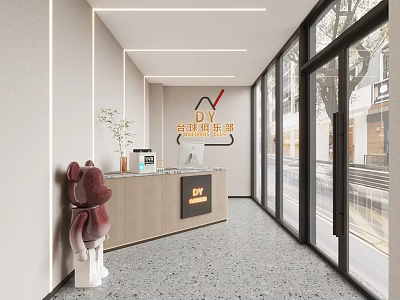 Modern Front Desk Reception Interior With Stylish Desk Decorative Plant And Glass Windows 3d model