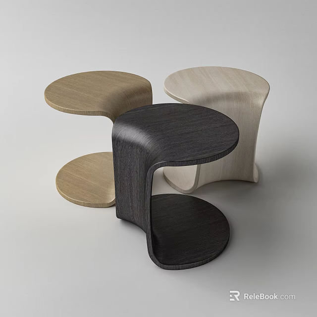 Curved Modern Side Tables with Two Tier Design in Dark Light and Cream Wood Tones 3d model 