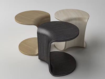 Curved Modern Side Tables with Two Tier Design in Dark Light and Cream Wood Tones 3d model