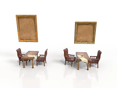 Interior Decorative Elements With Framed Pictures And Wooden Dining Table Sets 3d model