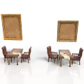 Interior Decorative Elements With Framed Pictures And Wooden Dining Table Sets
