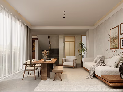 Modern Cozy Living Room Interior With Wooden Dining Table Fireplace Sofa Curtains And Wall Art 3d model
