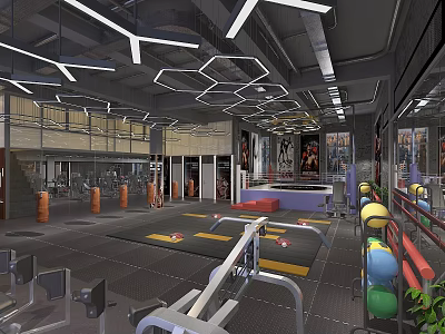Modern Fitness Gym Workout Space With Mat Area Punching Bags Training Bars And Colorful Balls 3d model
